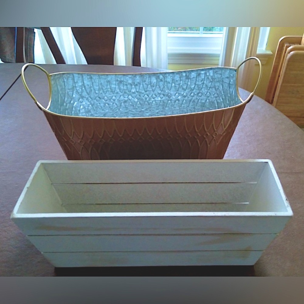 Gold tin metal basket with handles and wooden planter. Lot of 2